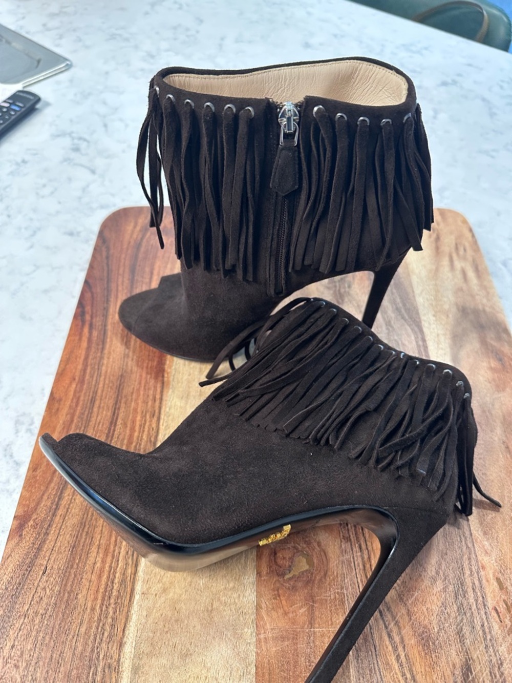 Prada Brown Fringe Peep-Toe Ankle Booties - Picture 5 of 6
